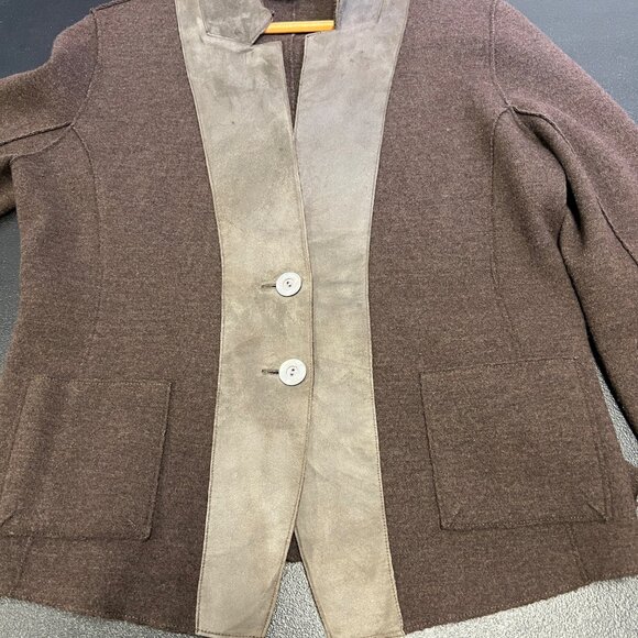 Eileen Fisher Womens Wool & Lamb Leather Blazer Jacket size Med Brown Suede Trim - Picture 7 of 10